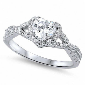 Halo Infinity Shank Heart Ring Round Simulated CZ 925 Sterling Silver